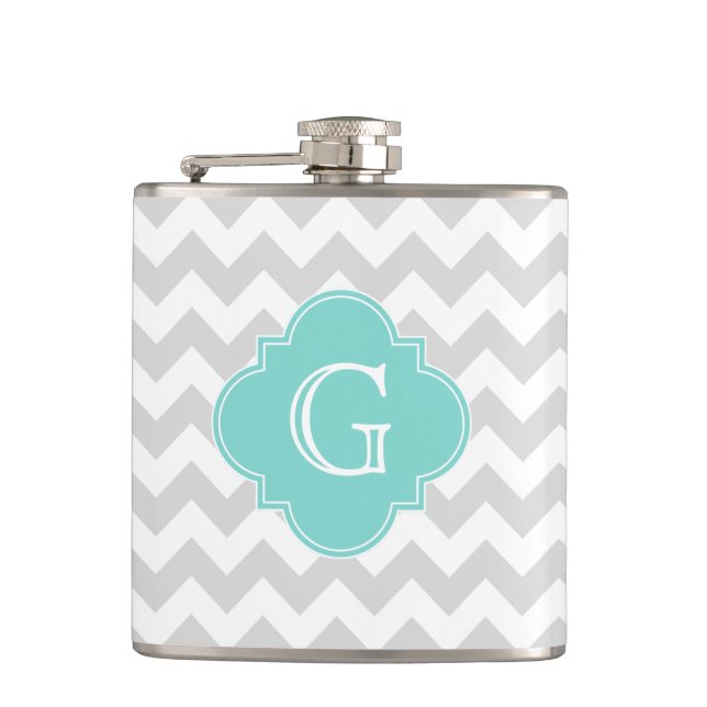 Hellgraues Zickzack Aqua Quatrefolienmonogramm Flachmann (Vorderseite)