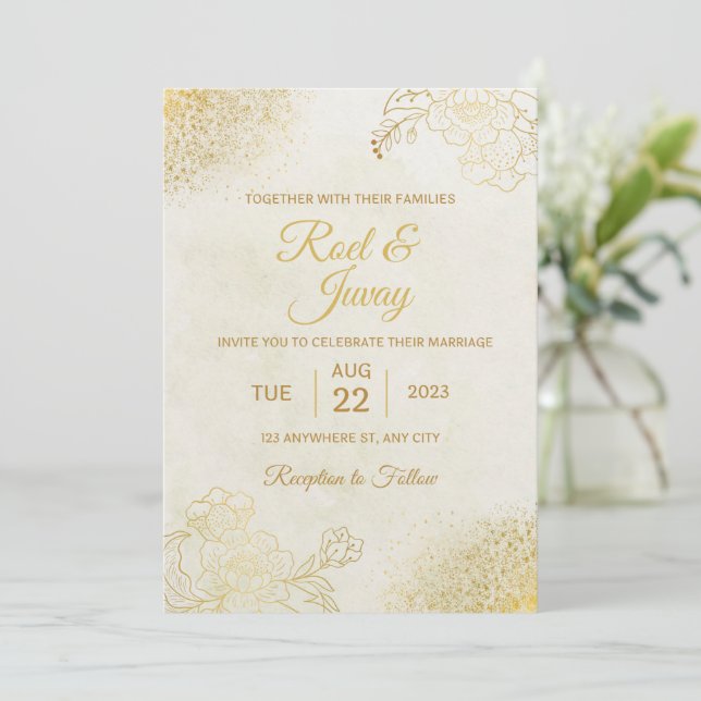 Hellgraugelbe und orange Minimalistische Hochzeit Einladung (Stehend Vorderseite)
