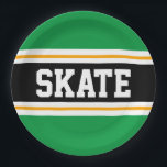 Hellgrüne, gelbe SKATE Racing Streifen Pappteller<br><div class="desc">Dieses sportliche,  sportliche Design zeichnet sich durch feinen SKATE-Text in einem hervorgehobenen,  schwarzen Streifen mit doppelweißen und gelben Rennstreifen gegen leuchtend grüne Außenstreifen aus. Der Text kann personalisiert sein.</div>