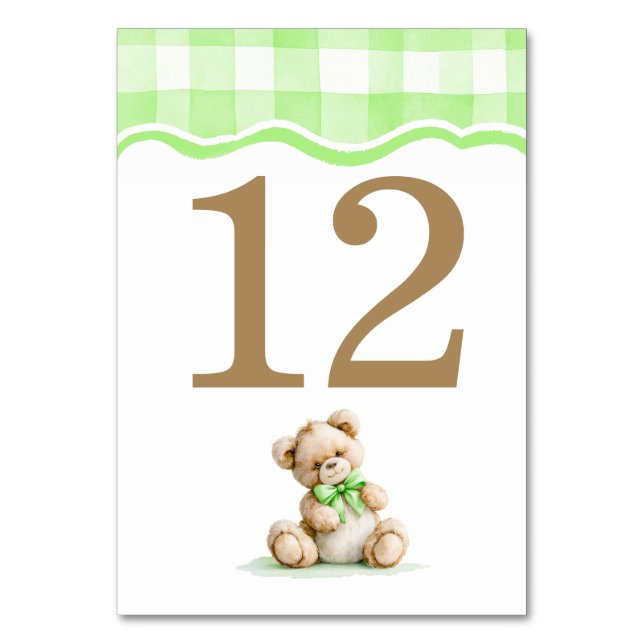 Hellgrüne Gingham- und Teddybär-Baby-Party Tischnummer (Vorderseite)