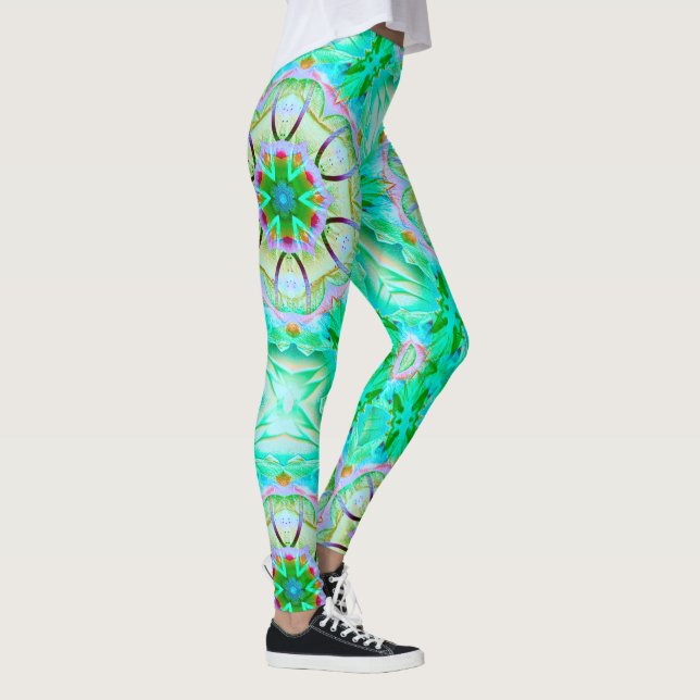 Hellgrüne grinartige Textur, blühendes Kaleidoskop Leggings (Rechts)