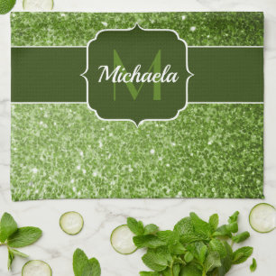 Hellgrüne Imitate Glitzern Glitzern Monogram Geschirrtuch