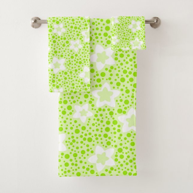 Hellgrüne Retropolka-Punkte mit Blumenmuster Badhandtuch Set (Insitu)