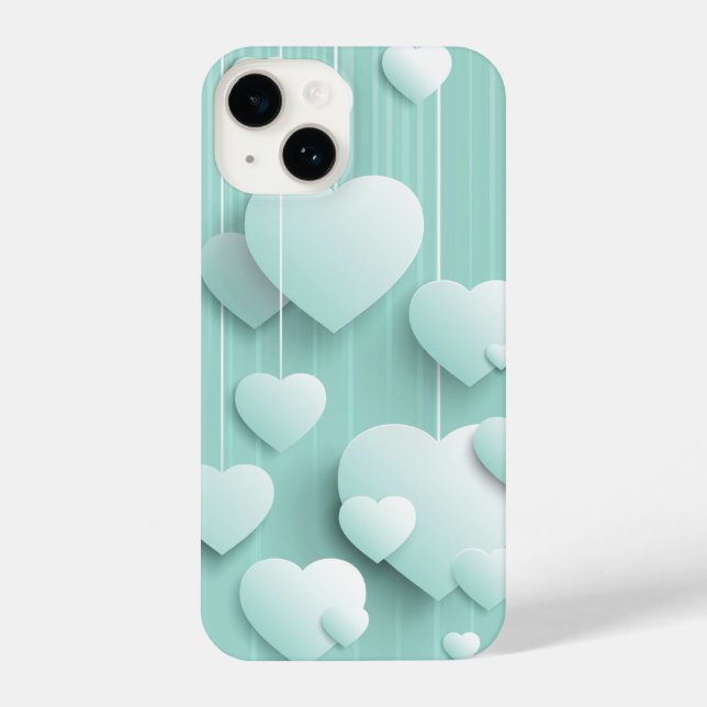 Hellgrüner Hintergrund mit 3D-weißen Herzen iPhone 14 Hülle (Rückseite)