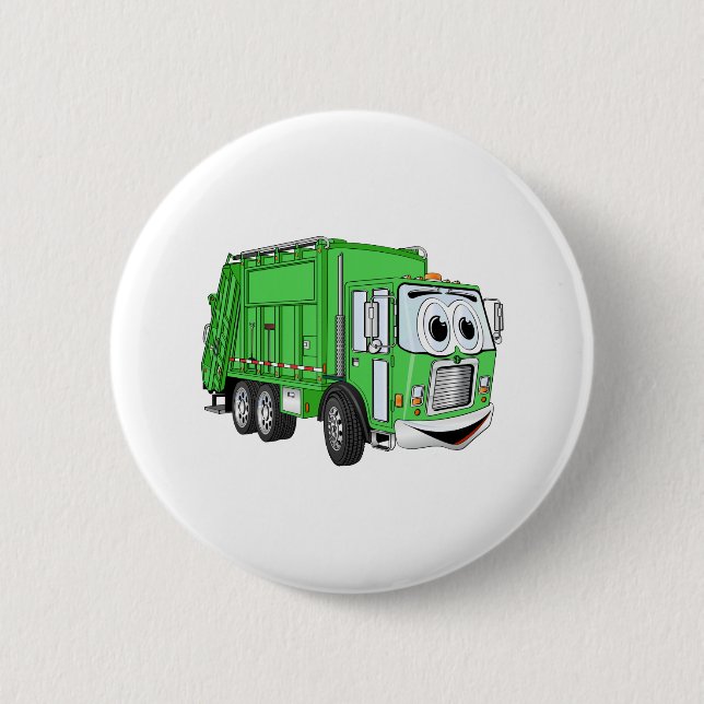 Hellgrüner Lächelnder Müllwagen Cartoon Button (Vorderseite)