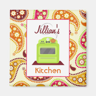 Hellgrüner Retro Ofen u. Paisley-Küchen-Magnet Magnet