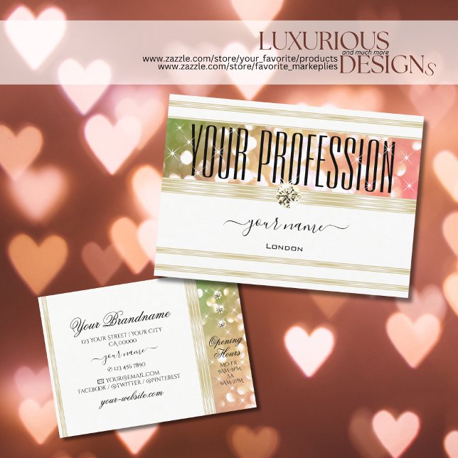 Hellgrüner Rosa Glitzer Weiß- und Golddiamanten Visitenkarte (Von Creator hochgeladen)