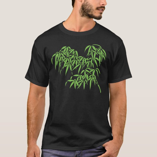 Hellgrünes Bambus-Blätter auf Schwarzem T-Shirt (Vorderseite)