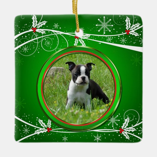 Hellgrünes Rot und Weißes Holly Pet Foto Keramikornament (Vorderseite)