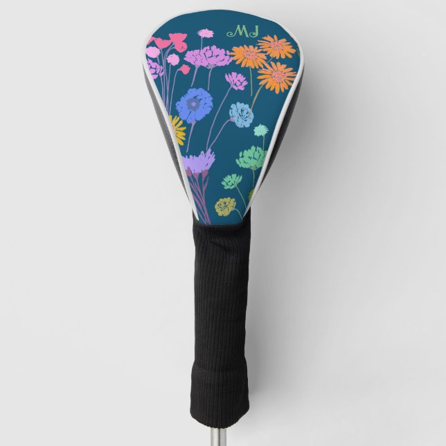 Hellhappy farbenfrohe Blume Dunkle Aquamarine+Init Golf Headcover (Vorderseite)