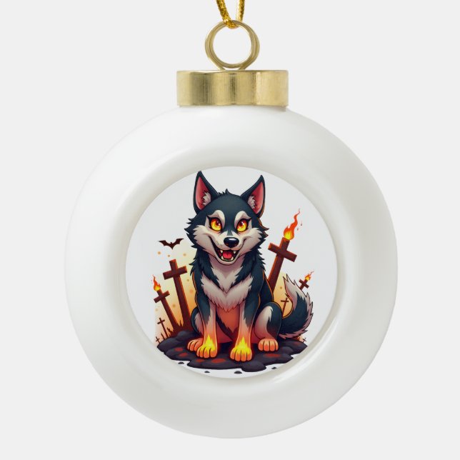 Hellhound Husky Dog Keramik Kugel-Ornament (Vorderseite)