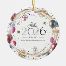 Hello 2026 Metallic Balloons Circle Keramik Ornament