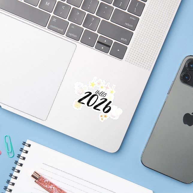 Hello 2026 New Year Fireworks Die Cut Sticker (Laptop mit iPhone)