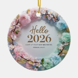 Hello 2026 Pastel Floral Wreath Ceramic Ornament