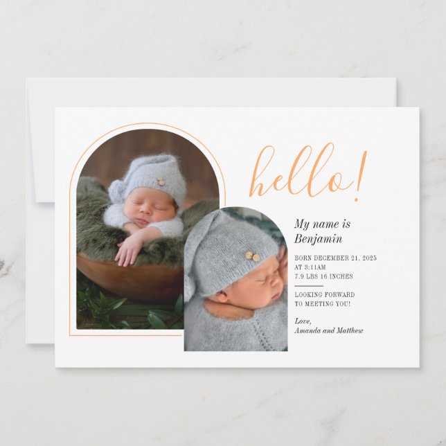 Hello 2 Baby Fotos Handschrift Geburt Ankündigung (Vorderseite)