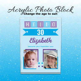 Hello 30 (any age) name est date blue purple fotoblock