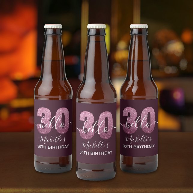 Hello 30! Modern 30th birthday Pink glitter Bierflaschenetikett (Von Creator hochgeladen)
