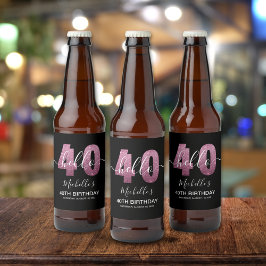 Hello 40! Elegant 40th birthday with Pink glitter Bierflaschenetikett