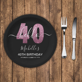 Hello 40! Modern 40th birthday with Pink glitter Pappteller