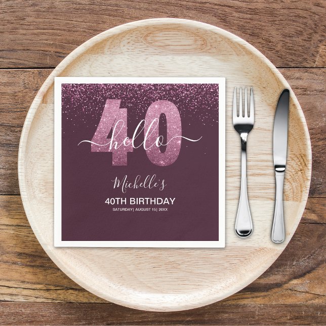 Hello 40! Modern 40th birthday with Pink glitter Serviette (Von Creator hochgeladen)