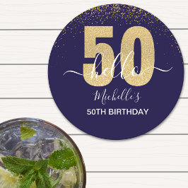 Hello 50! -50th Birthday with Gold Glitter Runder Pappuntersetzer