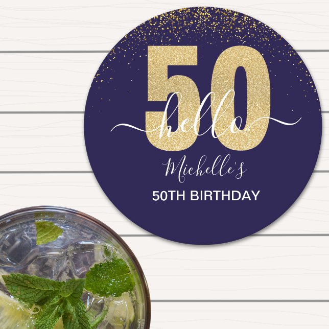 Hello 50! -50th Birthday with Gold Glitter Runder Pappuntersetzer (Von Creator hochgeladen)