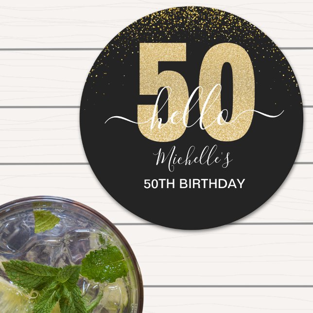 Hello 50! -50th Birthday with Gold Glitter Runder Pappuntersetzer (Von Creator hochgeladen)