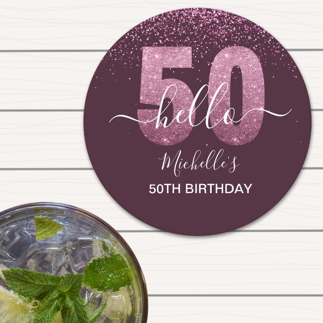Hello 50! -50th Birthday with Pink glitter Runder Pappuntersetzer (Von Creator hochgeladen)