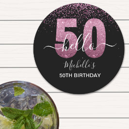 Hello 50! -50th Birthday with Pink glitter Runder Pappuntersetzer