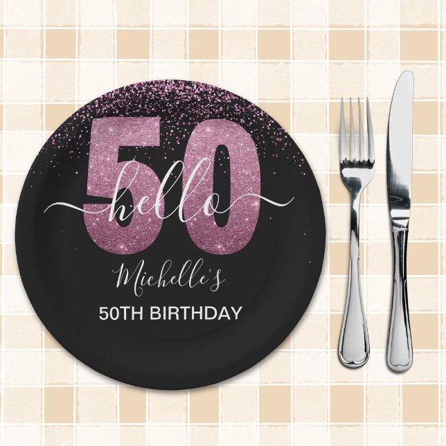 Hello 50! -50th Women's Birthday with Pink glitter Pappteller (Von Creator hochgeladen)