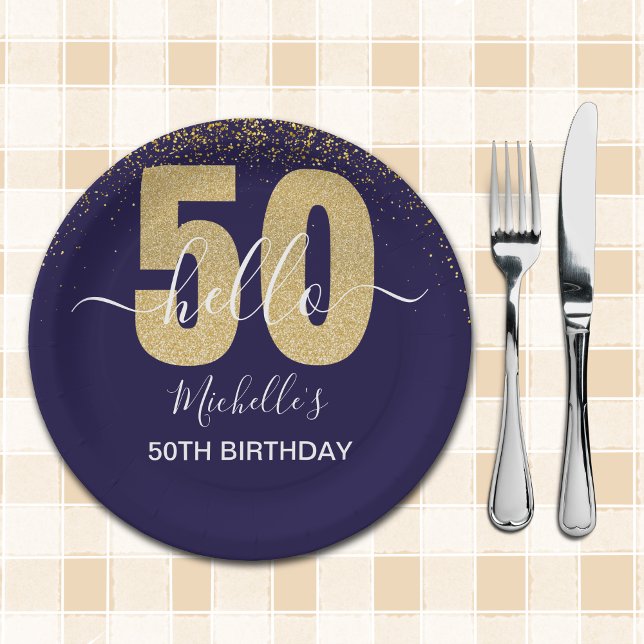 Hello 50! -Elegant 50th Birthday with Gold glitter Pappteller (Von Creator hochgeladen)