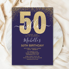 Hello 50! modern 50th birthday with gold glitter einladung