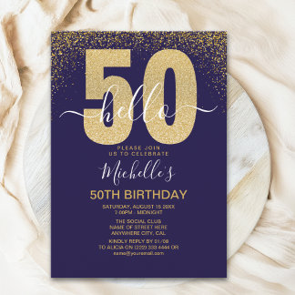 Hello 50! modern 50th birthday with gold glitter einladung