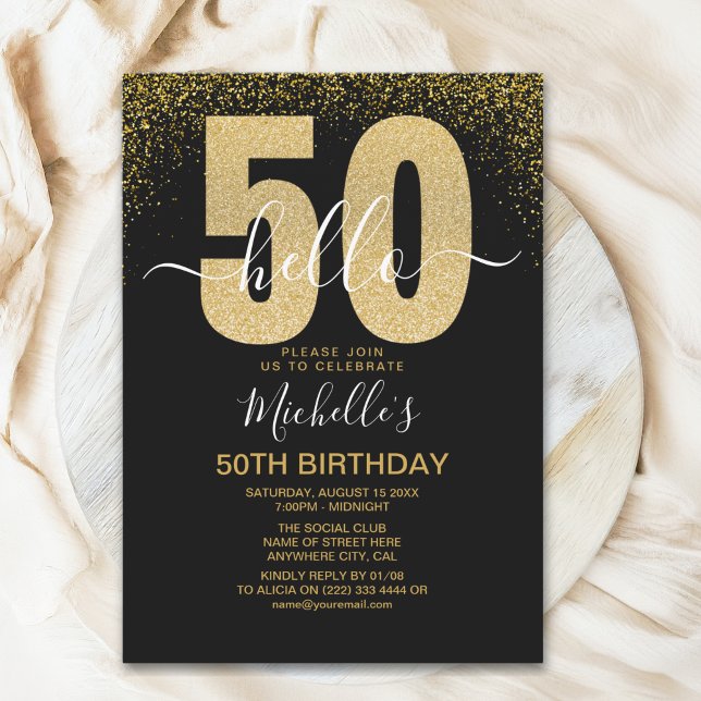Hello 50! modern 50th birthday with gold glitter einladung (Von Creator hochgeladen)