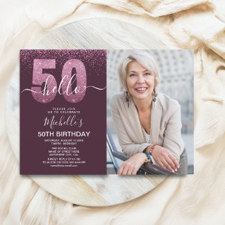 Hello 50! - Modern 50TH Birthday with photo Einladung
