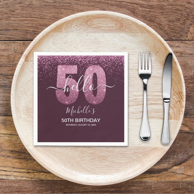 Hello 50! - Modern 50th Birthday with Pink glitter Serviette (Von Creator hochgeladen)