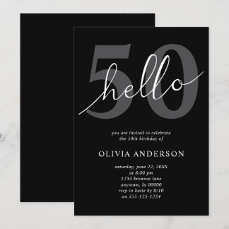 Hello 50 | Modern Chic Black 50th Birthday Party Einladung