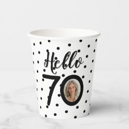 Hello 70 Black & White Dots Foto Geburtstag Pappbecher