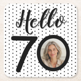 Hello 70 Black & White Dots Foto Geburtstag Rechteckiger Pappuntersetzer