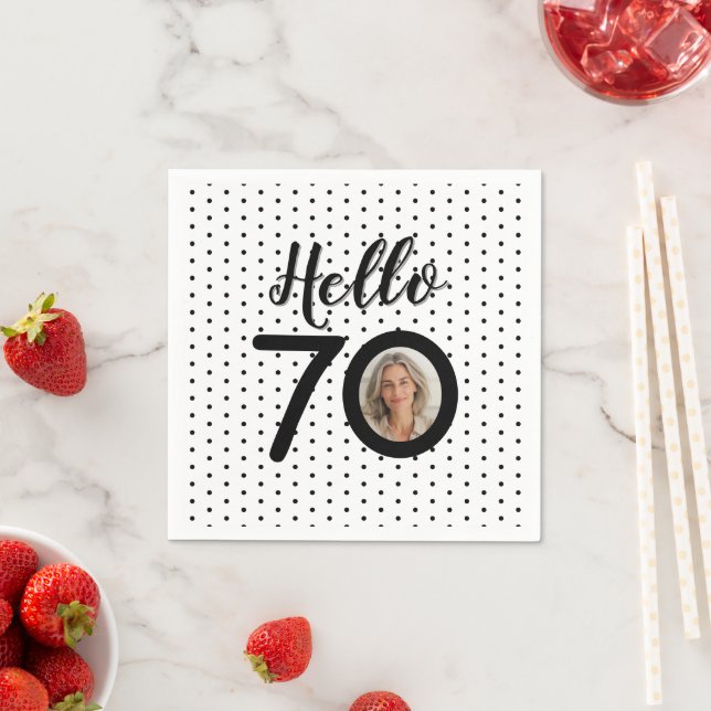 Hello 70 Black & White Dots Foto Geburtstag Serviette (Beispiel)