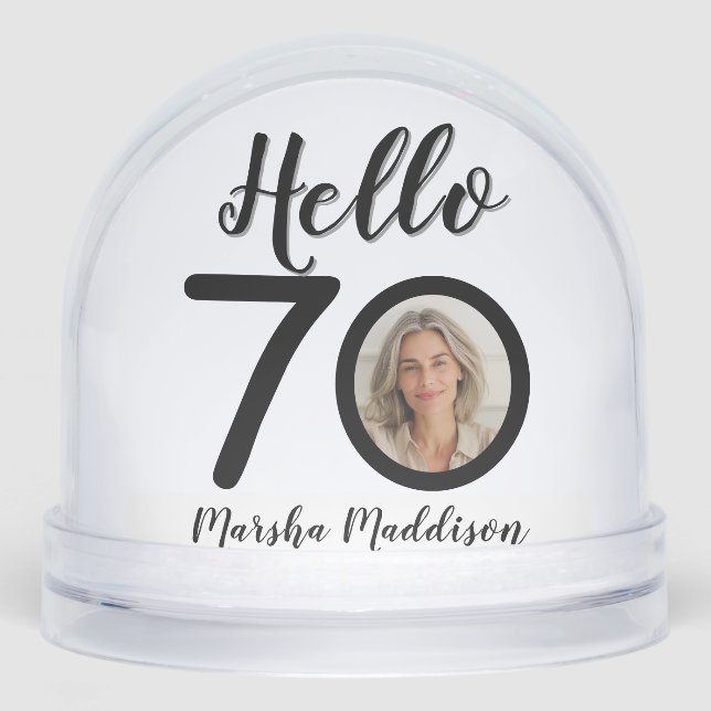 Hello 70 Your Name & Photos Birthday Schneekugeln (Vorderseite)