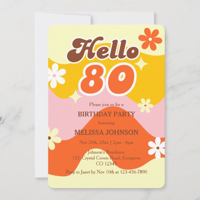 Hello 80 Retro Wave Groovy Flower Birthday  Einladung (Vorderseite)