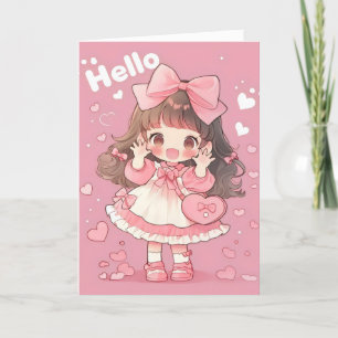 Hello Anime Chibi Girl Pink Feiertagskarte