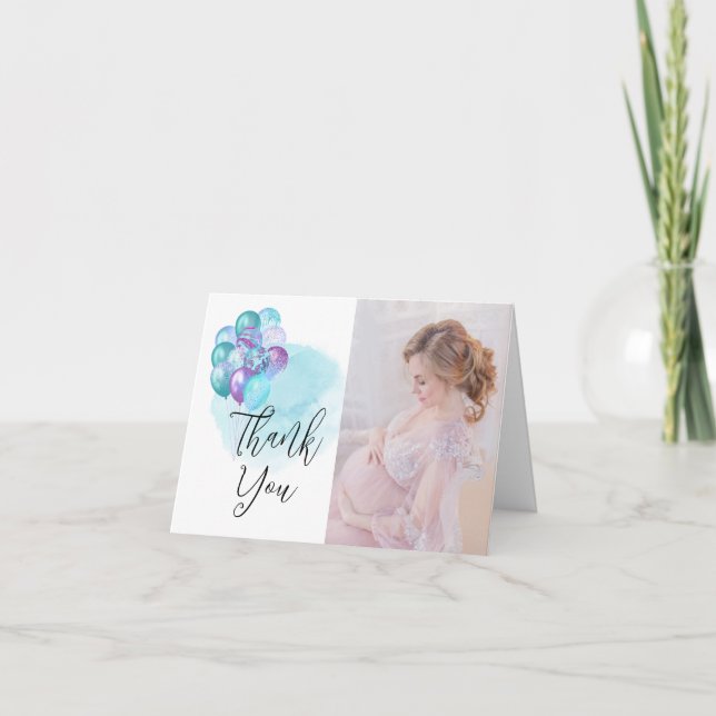 Hello Baby Aquamarin Lila Balloons Babydusche Dankeskarte (Vorderseite)