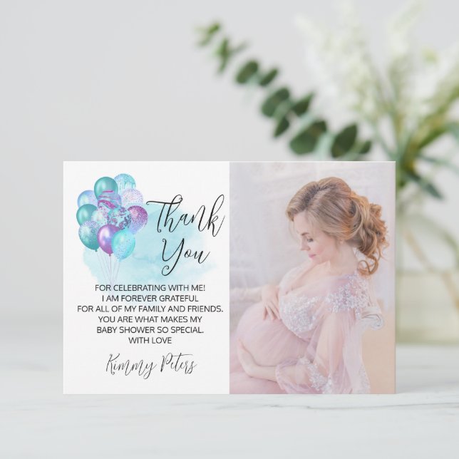 Hello Baby Aquamarin Lila Balloons Babydusche Dankeskarte (Stehend Vorderseite)