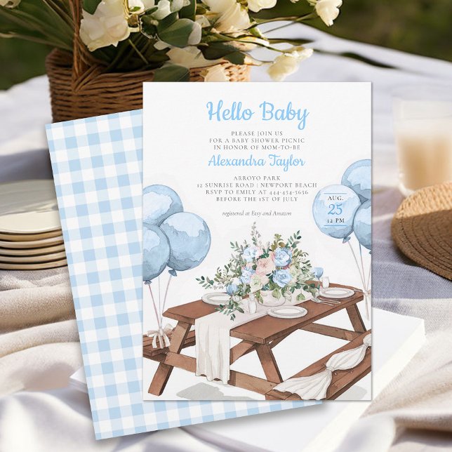 Hello Baby Balloons Picnic Park Boy Baby Dusche Einladung (picnic boy baby shower invitation park summer watercolor balloons cute fun casual classy)