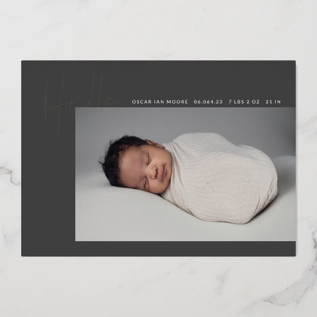 Hello Baby Birth Foto Ankündigung Charcoal Foil (Vorderseite)