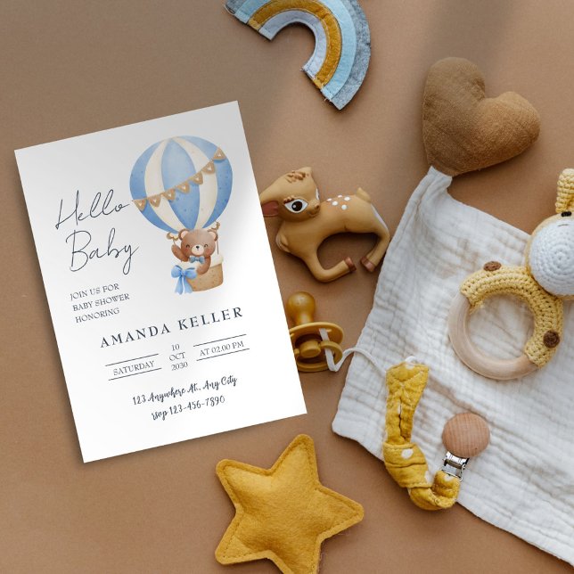 Hello Baby Blue Hot Air Ballon Babydusche Einladung (Von Creator hochgeladen)
