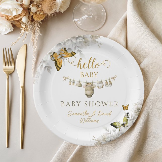 Hello Baby | Boho Butterfly Floral Baby Shower Pappteller (Von Creator hochgeladen)