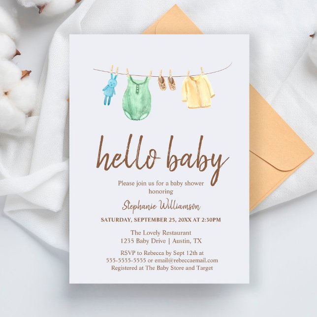 Hello Baby Boho Kleidung Line Baby Dusche Invita Einladung (Von Creator hochgeladen)